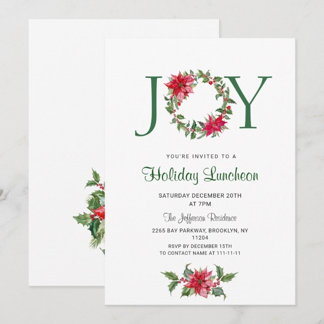 Festive Holly Wreath Holiday Christmas Luncheon Invitation (Front/Back)