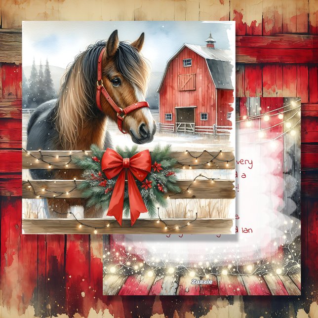 Festive Horse and Red Rustic Barn Christmas Holiday Card (Creator Uploaded)