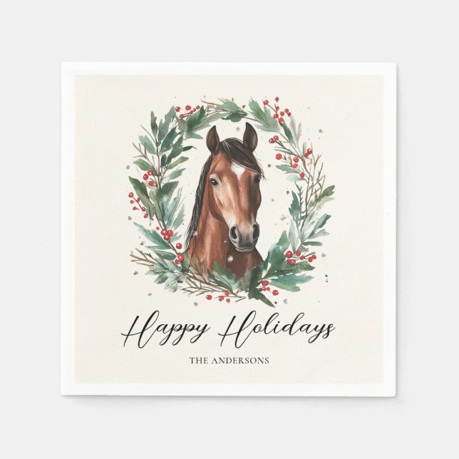 Festive Horse Christmas Wreath Happy Holidays Napkin (Front)