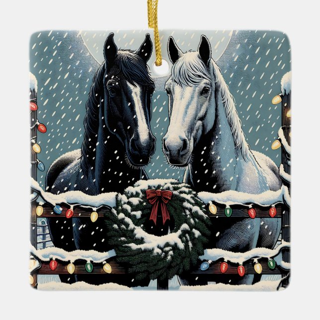 Festive Horses | Merry Christmas Ceramic Ornament (Front)
