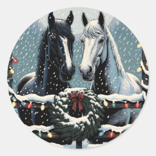 Festive Horses Merry Christmas Classic Round Sticker