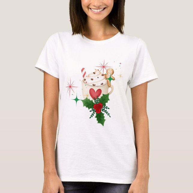 Festive Hot Cocoa & Gingerbread Man Cosy Christmas T-Shirt (Front)