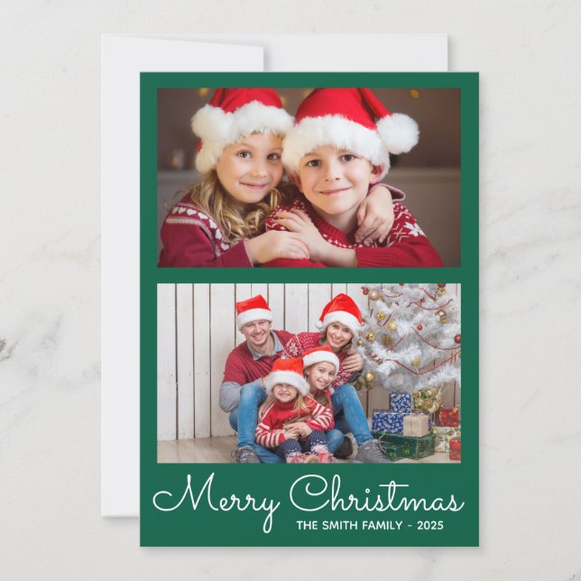 Festive Hunter Green 2 Photo Collage Holiday Card (Front)