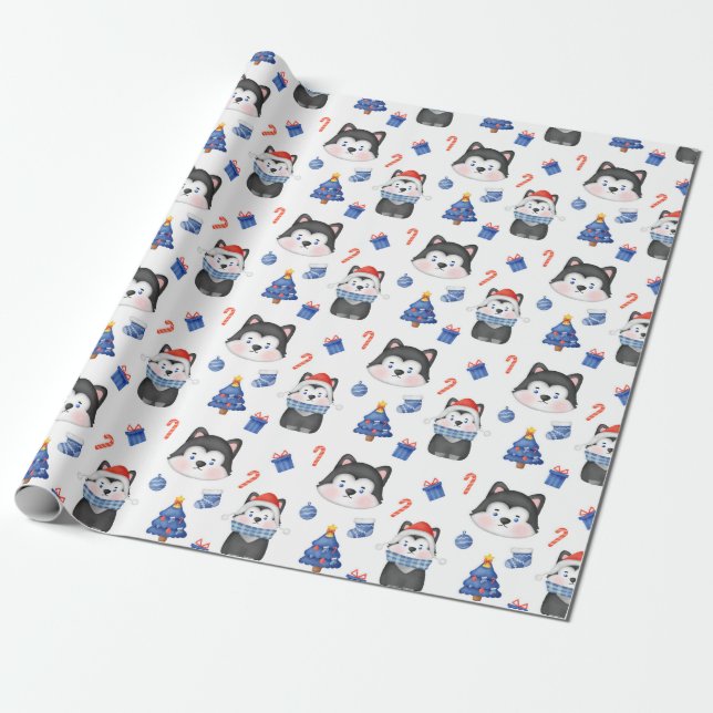 Festive Husky Christmas  Wrapping Paper (Unrolled)