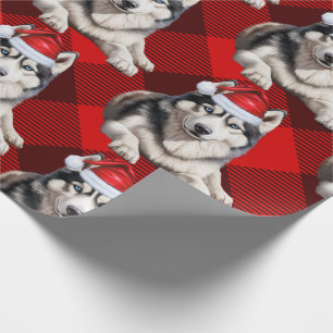 Festive Husky Dog and Red Buffalo Plaid Christmas Wrapping Paper