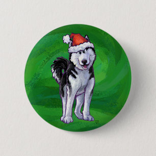 Festive Husky in Santa Hat on Green 6 Cm Round Badge