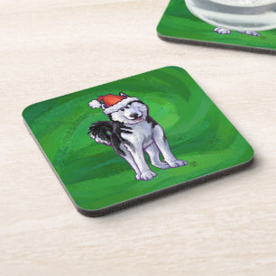 Festive Husky in Santa Hat on Green Coaster