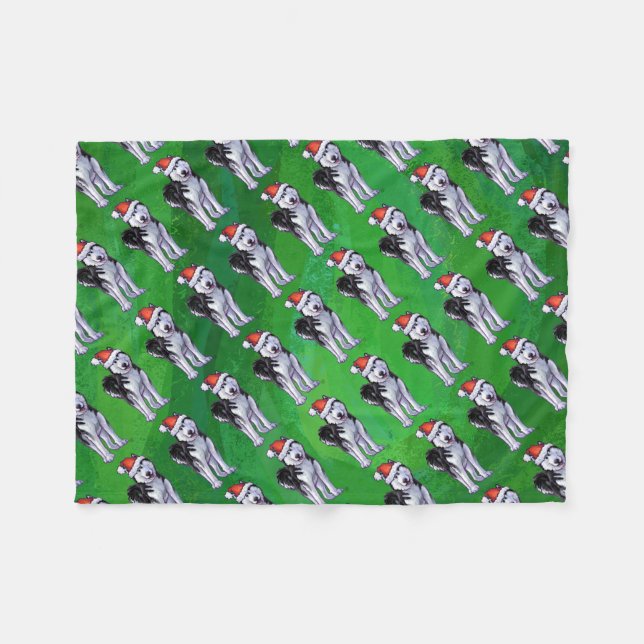 Festive Husky in Santa Hat on Green Fleece Blanket (Front (Horizontal))