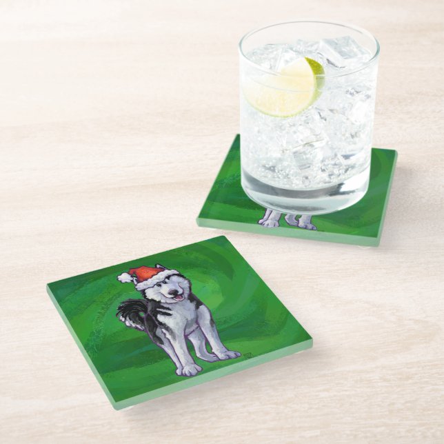 Festive Husky in Santa Hat on Green Glass Coaster (Angled)