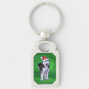 Festive Husky in Santa Hat on Green Key Ring