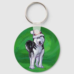 Festive Husky in Santa Hat on Green Key Ring