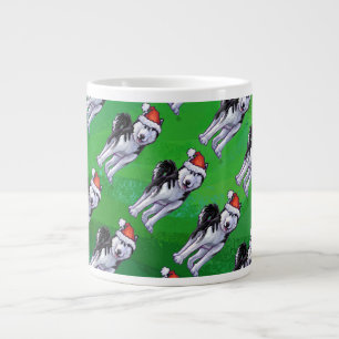 Festive Husky in Santa Hat on Green Large Coffee Mug