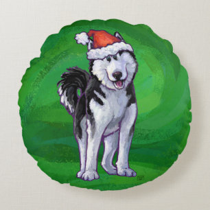 Festive Husky in Santa Hat on Green Round Cushion