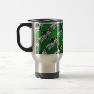 Festive Husky in Santa Hat on Green Travel Mug