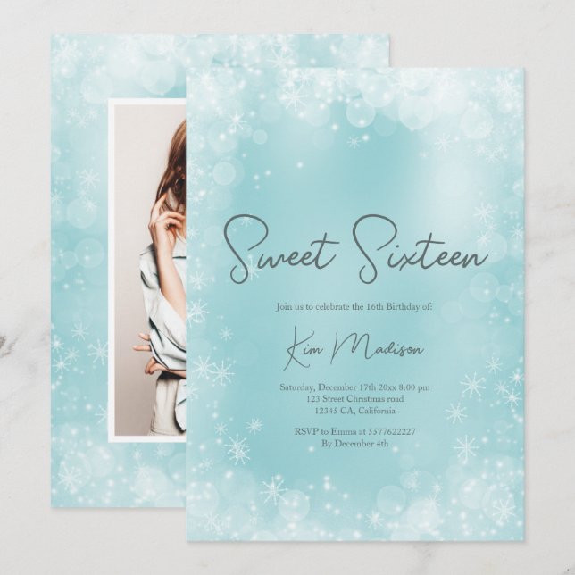 Festive ice blue white snow elegant chic sweet 16  invitation (Front/Back)