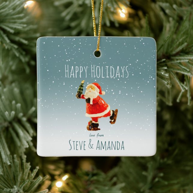 Festive Ice Skating Santa – Personalised Ceramic Ornament (Tree)