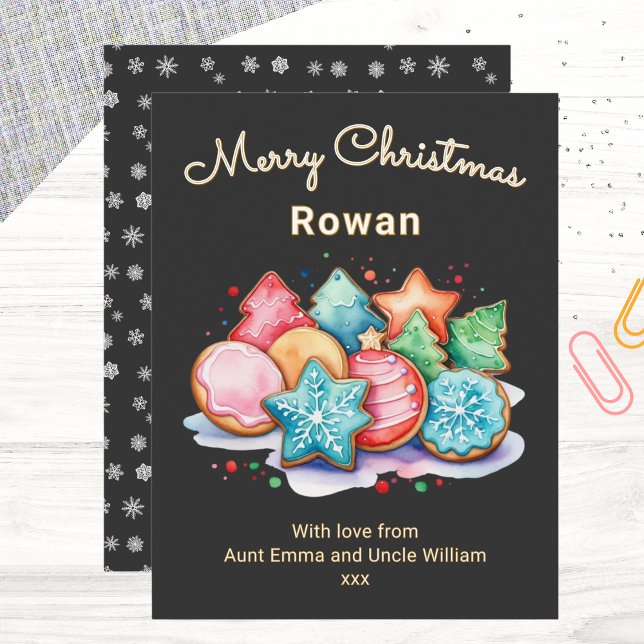 Festive Iced Cookies Personalised Merry Christmas Holiday Card (A modern Christmas card with colorful cookies picture in a watercolor style, on a black background)