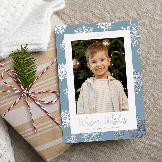 Festive Icy Blue and Silver Snowflakes Photo Foil Holiday Card (Creator Uploaded)