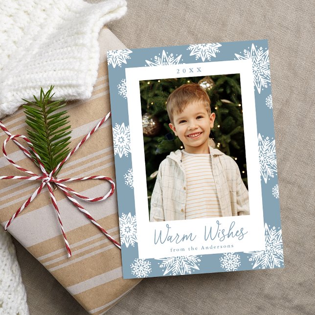 Festive Icy Blue and White Snowflakes Photo Holiday Card (Creator Uploaded)