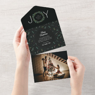 Festive JOY Christmas Wreath Green 1 Photo All In One Invitation