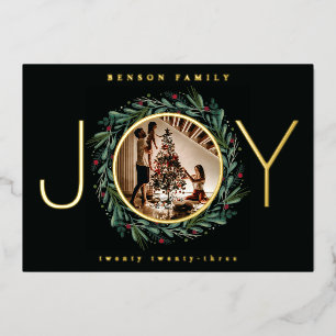 Festive JOY Christmas Wreath Leaves Berries Foil Holiday Card
