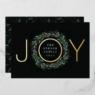 Festive JOY Christmas Wreath Leaves Berries Foil Holiday Card