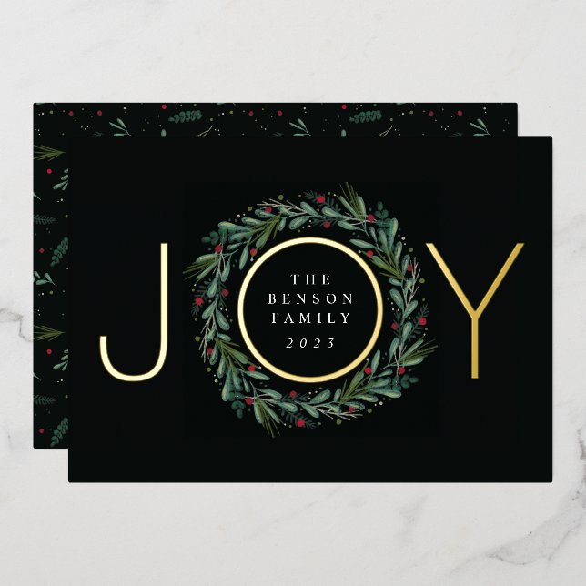 Festive JOY Christmas Wreath Leaves Berries Foil Holiday Card (Front/Back)