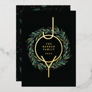 Festive JOY Christmas Wreath Leaves Berries Foil Holiday Card