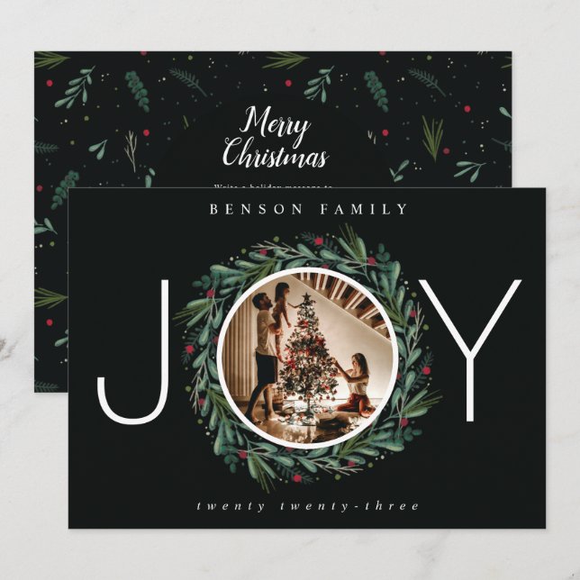 Festive JOY Christmas Wreath Leaves Berries Photo Holiday Card (Front/Back)
