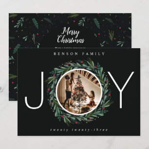 Festive JOY Christmas Wreath Leaves Berries Photo Holiday Card