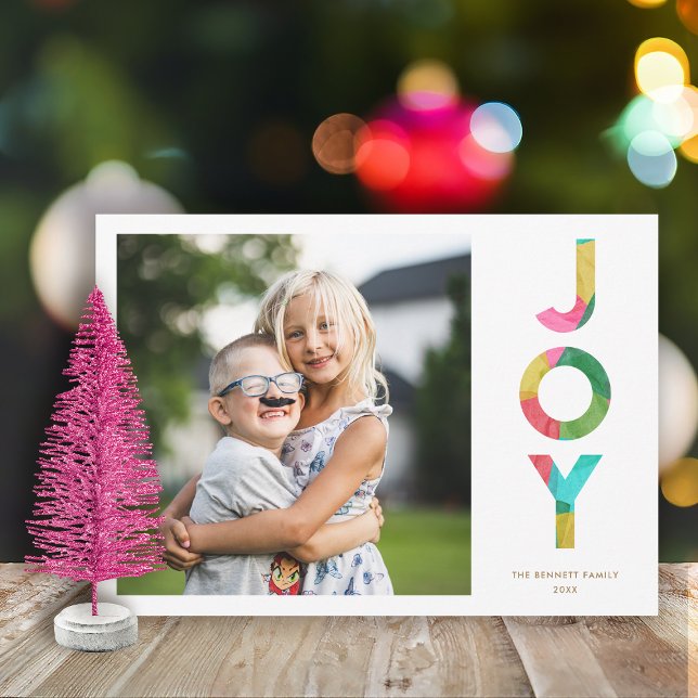 Festive JOY Colourful Paper Christmas Trees Photo Holiday Card (Creator Uploaded)