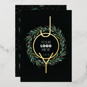 Festive JOY Corporate Wreath Leaves Berries Foil Holiday Card