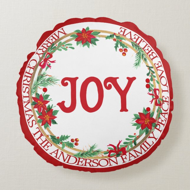 Festive Joy Gold Red Green Leaves Christmas Wreath Round Cushion (Front)