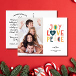 Festive Joy, Love, Peace, Family Photo Christmas Postcard<br><div class="desc">Spread holiday cheer with this postcard featuring festive hand lettered typography art that reads "Joy Love Peace". Customise by uploading your vertical photo. The backside features your custom greetings, name and note (or delete to leave space for a handwritten note). Add your return address to the back too. Festive and...</div>