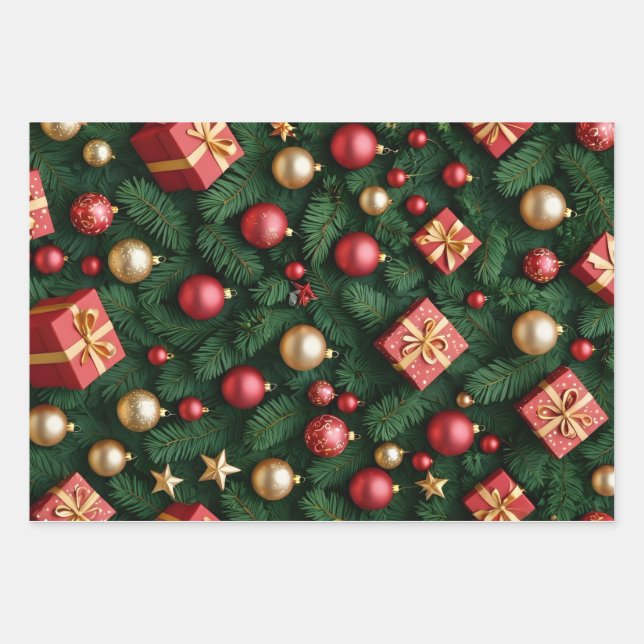 "Festive Joy — Red & Gold Christmas Magic" Wrapping Paper Sheet (Front)