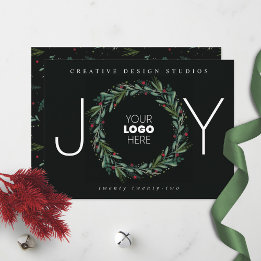 Festive JOY Wreath Leaves Berries Business Holiday Card