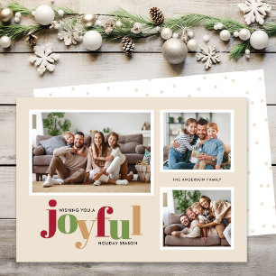 Festive Joyful 3 Photo Christmas Holiday Card