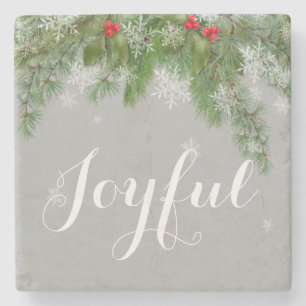 Festive Joyful Snowflakes Pine Holly Stone Coaster