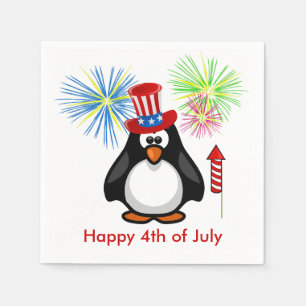 Festive July 4th Patriotic Fireworks Penguin Stars Napkin
