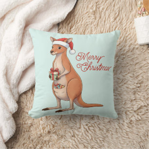 Festive Kangaroo With Santa Hat Christmas Holidays Cushion