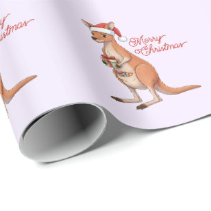 Festive Kangaroo With Santa Hat Christmas Holidays Wrapping Paper