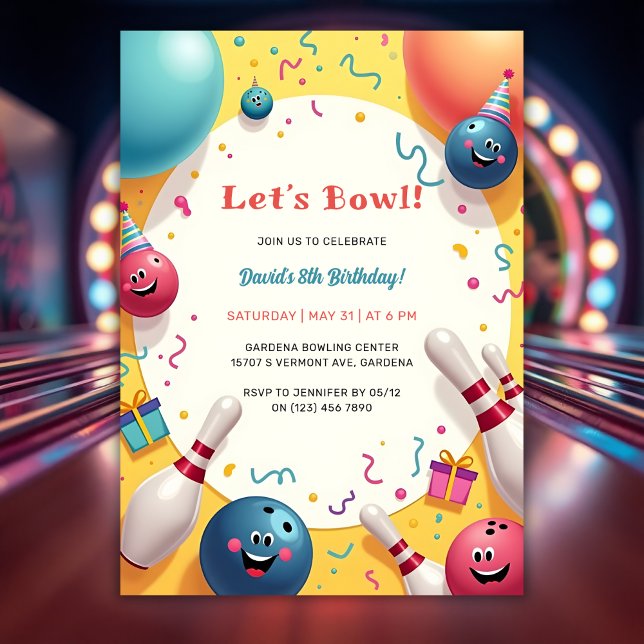 Festive Kids Bowling Themed Birthday Party Invitation (Festive Kids Bowling Themed Birthday Party Invitation)