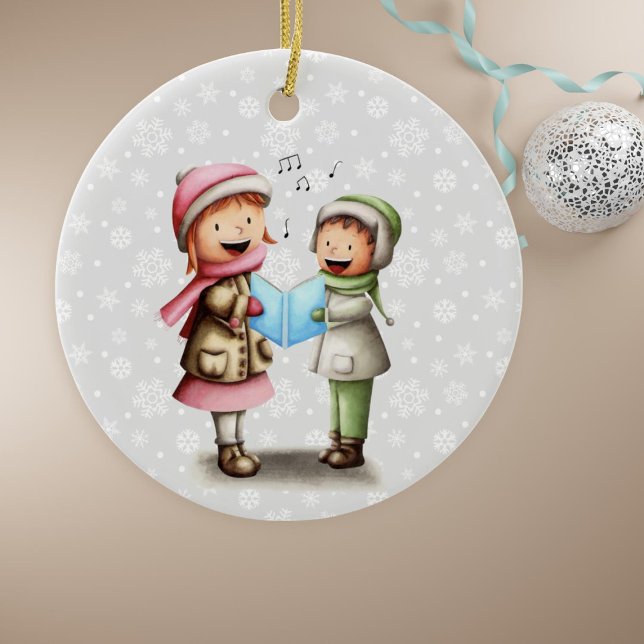 Festive Kids Singing Christmas Carols Ceramic Tree Decoration (Festive Couple Singing Christmas Carols Holiday Ornament by Kinda Cute by Patricia Alvarez)