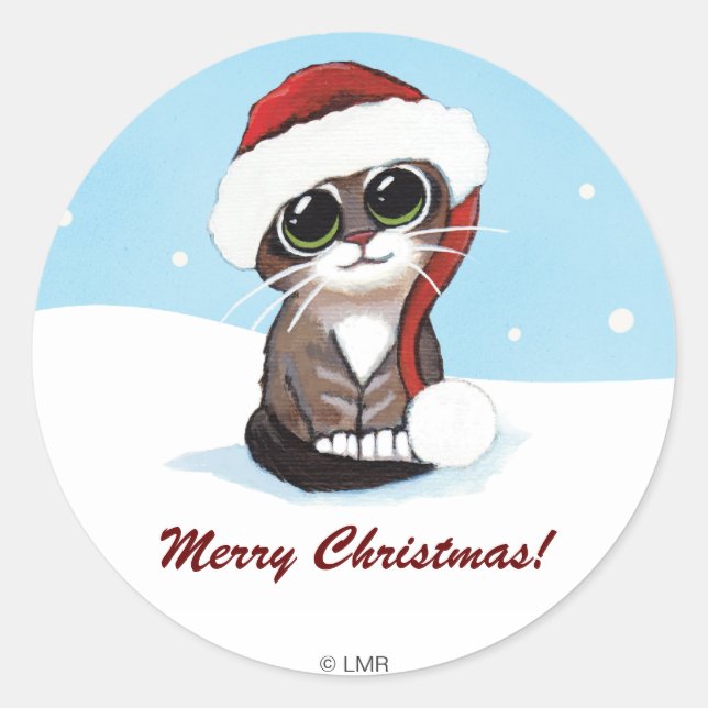 Festive Kitten Merry Christmas Personalizable Classic Round Sticker (Front)