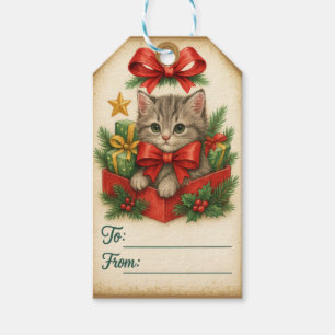 Festive Kitten & Pine Bow Charm Gift Tags