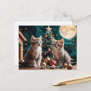 Festive Kittens by Christmas Tree Under Full Moon  Postcard