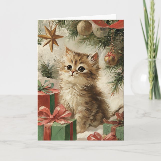 Festive Kitty Cat Christmas Greeting Folded Card (Front)