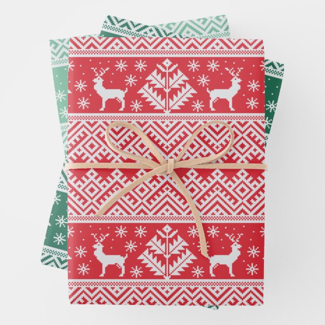Festive Knitted Pattern Christmas Wrapping Paper Sheet (In situ)
