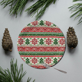 Festive Knitted-Pattern  with Stars  Paper Plate