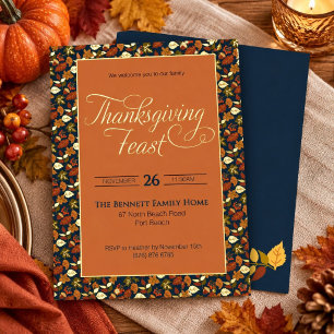 Festive Leaf Pattern Thanksgiving Navy & Gold